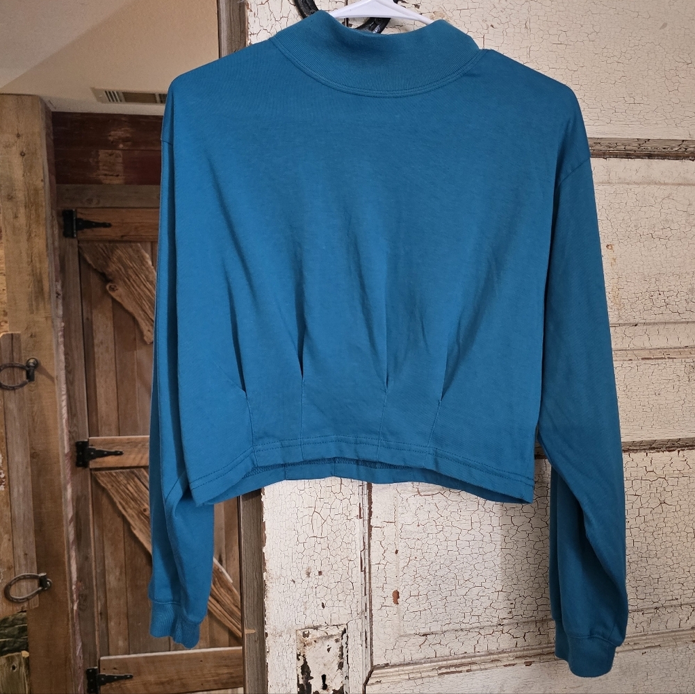 Vintage 80's AIR EXPRESS teal Women's Crop Turtle Neck Top Shirt GUC! Sz. Large